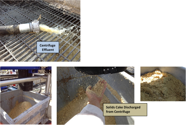 Photo of potato processing effluent, 3 photos of solids cake